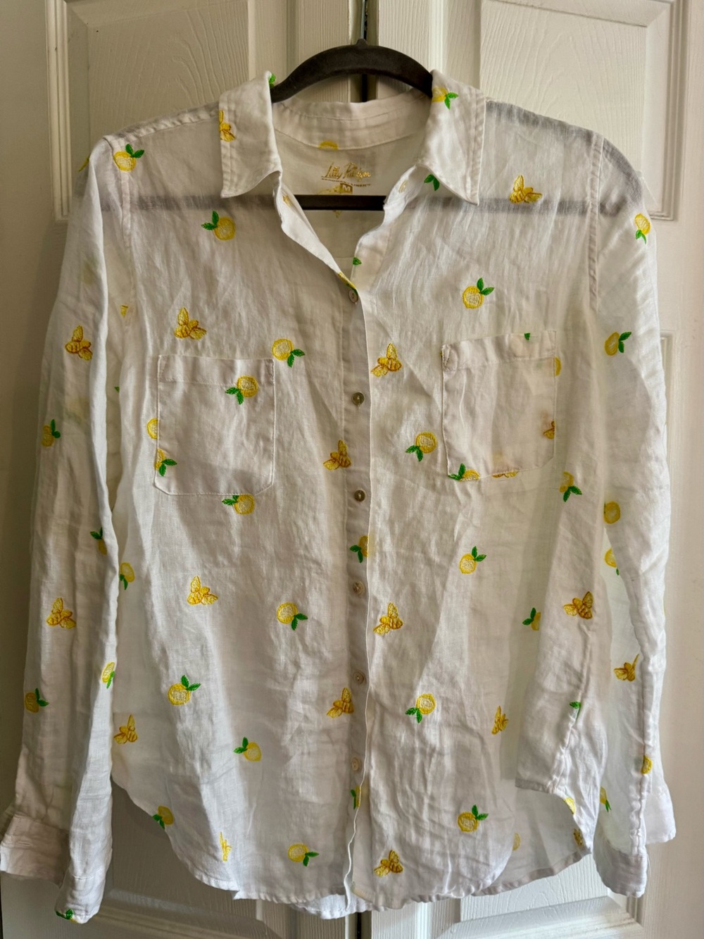 EUC Rare Lilly Pulitzer Lemon Bee Embroidered Sea View Linen Shirt Medium